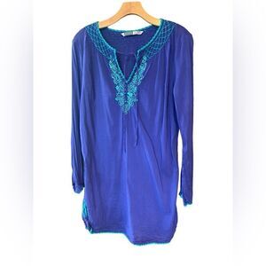 Athleta Sz XS Purple Blue Embroidered Tie Long Sleeve Blouse Tunic Swimcover